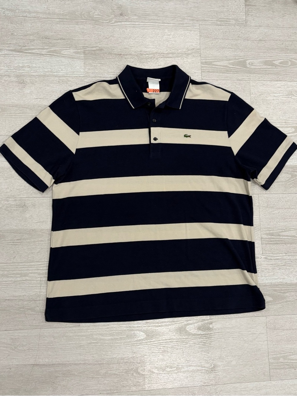 Lacoste Classic Fit Striped Short Sleeve Polo Shirt Navy Blue Beige Size 7 XXL